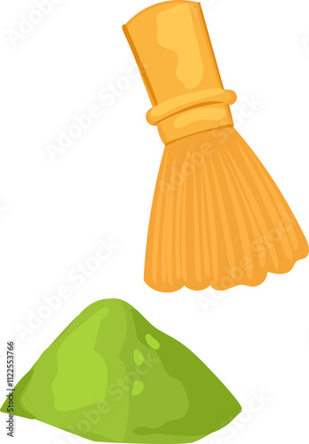 Illustration of Matcha Powder and Bamboo Whisk.