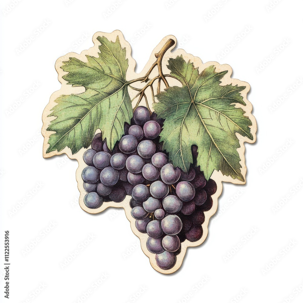 Fototapeta premium Vintage scrapbook style collage paper sticker cutout of a grapevine leaf on white background.