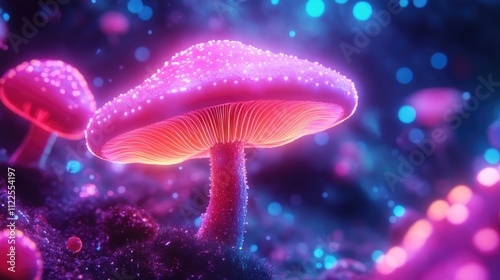 Abstract phychedelic mushroom in colorful neon lights. photo