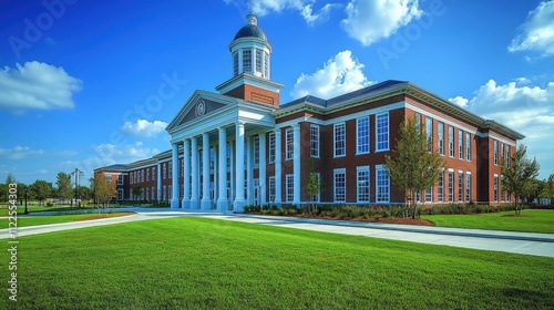 A modern educational building with a classic architectural design and landscaped surroundings.