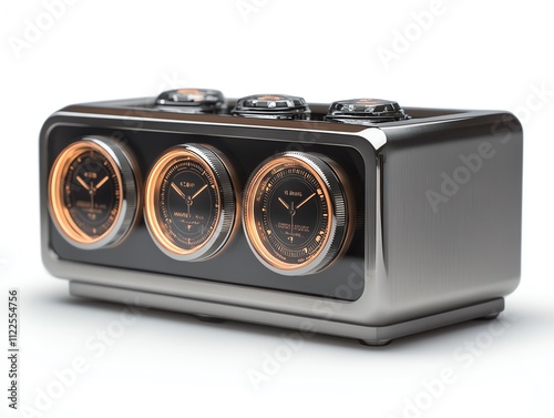 Luxury watch winder with polished steel casing and glowing dials