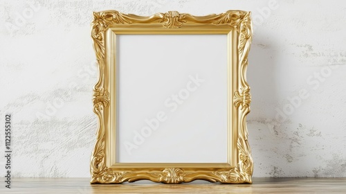 Blank gold baroque frame mockup, heavily detailed edges, front-facing, standing on a polished wooden surface photo