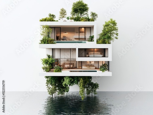 Floodresistant homes, elevated structures with lush greenery, 3D illustration photo