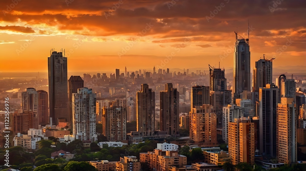 Fototapeta premium Golden Sunset Over a City Skyline of Skyscrapers