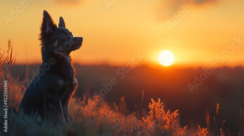 Small dog sits on hilltop, sunset.