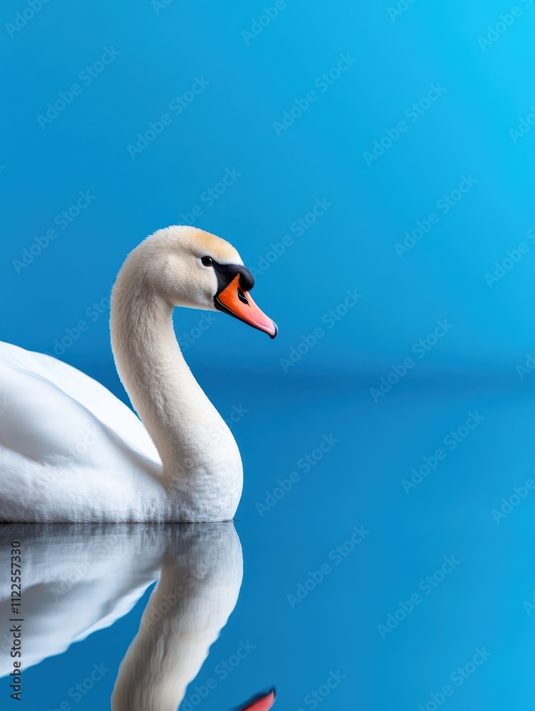 Fototapeta premium Serene Swan Gliding Gracefully on Calm Blue Background Reflection