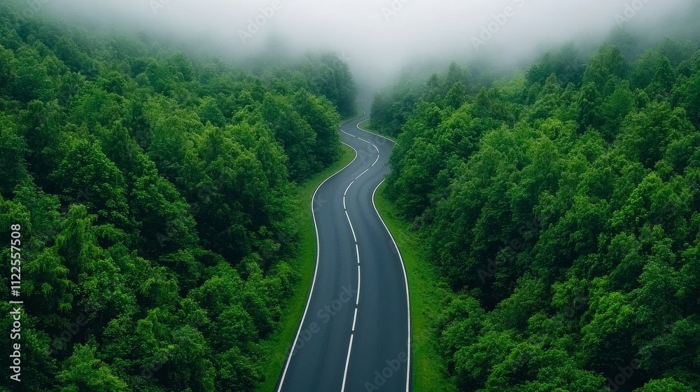 Fototapeta premium Winding Road Through Misty Green Forest Nature Travel Landscape Photography