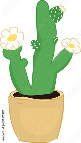 Illustration of a green cactus with a large white flower bloom.