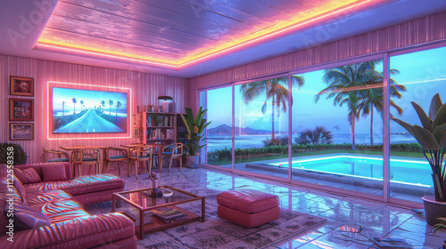 A living room with a large window overlooking a pool and ocean. The room is decorated in a retro style with neon lights and a TV on the wall. Scene is relaxed and luxurious, with the pool