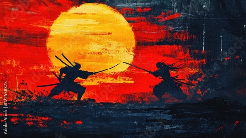 Abstract scene of two samurais duel on the sunset, japanese style hand drawn digital art illustration painting background