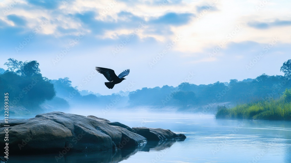 Naklejka premium A bird soaring into the sky from a rock by the riverbank, capturing the freedom and beauty of nature in motion.