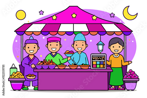 Street food vendors at a bustling night market vector art  cartoon illustration