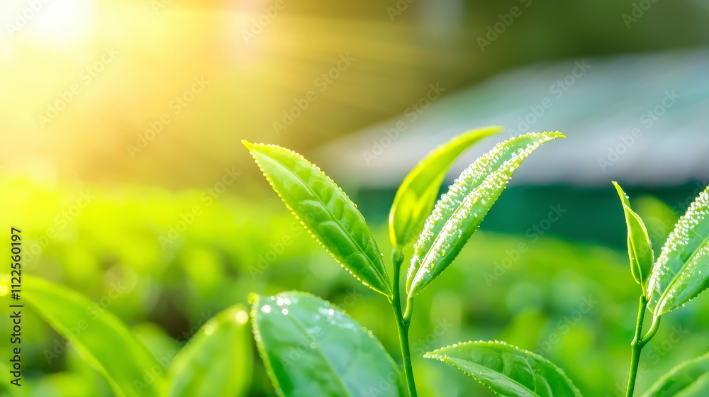 Obraz premium Lush Green Tea Plantation Dewy Leaves Sunrise Refreshing Nature