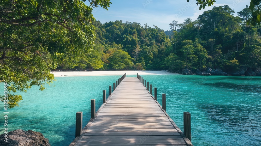 Fototapeta premium Travel image showing a wooden pier leading into the turquoise ocean on an exotic beach