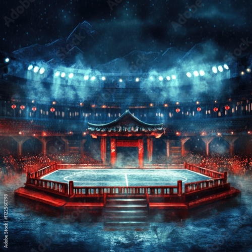 Mystical martial arts arena awaits epic showdown under lights.