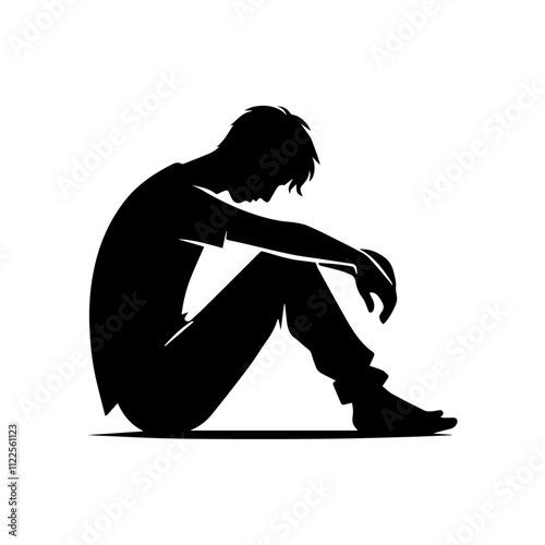 silhouette of a very sad young man sitting alone on a white background.