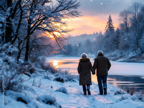 겨울 산책 중인 노부부와 따뜻한 석양 Senior Couple Enjoying Walk in Winter Sunset photo