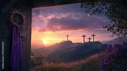 A peaceful sunrise scene with a crown of thorns and purple robe hanging on a doorpost, and three crosses on a distant hill, symbolizing the crucifixion and resurrection of Jesus Christ. photo