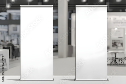 Two Blank Roll Up Banners Stand In Modern Office photo