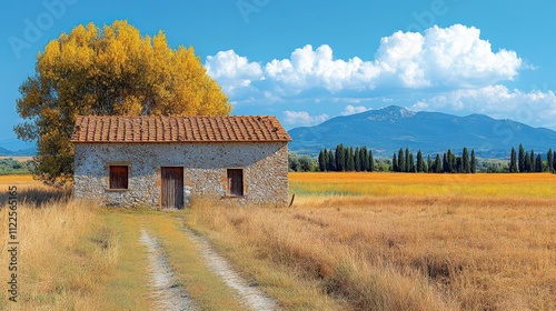 A serene countryside scene featuring a rustic house beside golden fields and distant mountains.