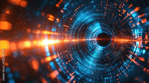 Abstract Technology Background. Spirals of Digital Light. Glowing Neon Rays. Network Communication, High Speed Data Flow, Fast Server or Internet Concept. Science Fiction Portal, Wormhole, Black Hole.