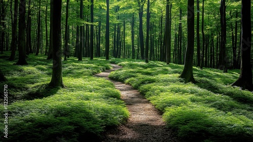 A serene forest path surrounded by lush greenery and trees, inviting exploration and tranquility.