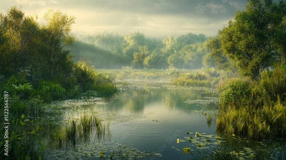 Fototapeta premium A realistic photo of a wetland ecosystem, rich in biodiversity, emphasizing the significance of wetland preservation and the need for habitat protection. , Minimalism,