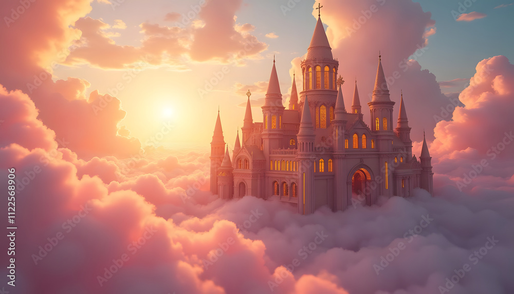 Fototapeta premium A majestic castle, bathed in warm, golden light at sunrise, floats serenely amidst a sea of fluffy, pastel-colored clouds