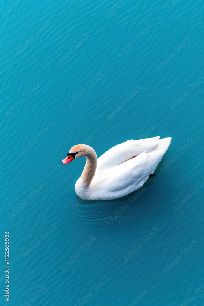 Fototapeta premium Serene Swan Gliding Gracefully on Calm Blue Water Background