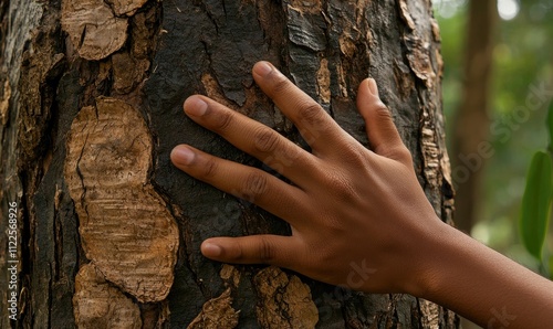 A close-up of a hand gently touching the rough bark of a tree, symbolizing connection with nature.