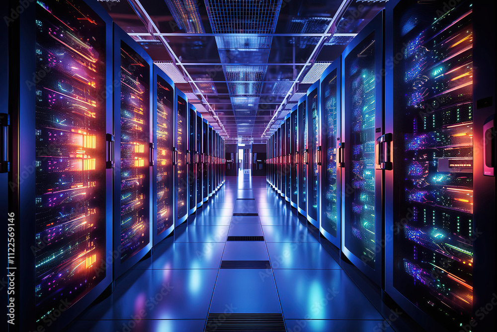 Fototapeta premium Artistic shot of a data center with Ethernet connection visualizations between rack servers