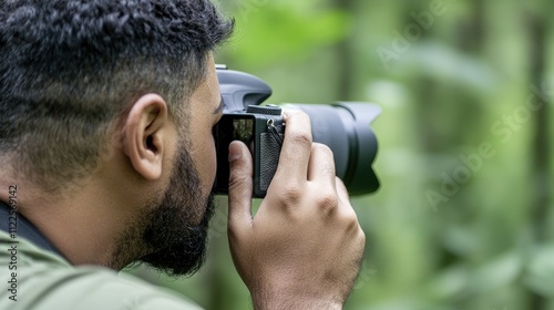 A photographer capturing nature with a camera in a vibrant green forest.