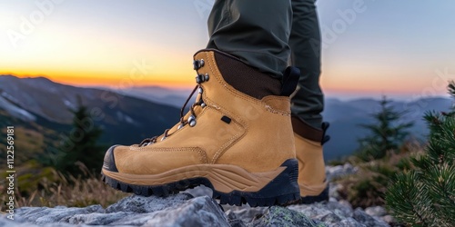 A rugged hiking boot stands on a rocky outcrop during a breathtaking sunset in the mountains, showcasing outdoor adventure.