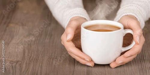 Cozy hands holding a warm cup of coffee on a wooden table, perfect for capturing comfort and relaxation.