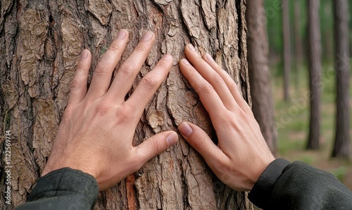 Hands gently touching a tree trunk in a tranquil forest, symbolizing the connection between humans and nature.