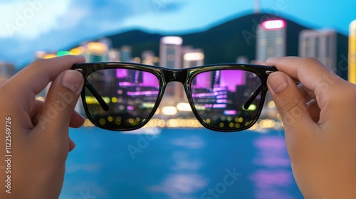 Hands holding sunglasses reflecting a vibrant cityscape at night, showcasing colorful lights and a lively atmosphere.