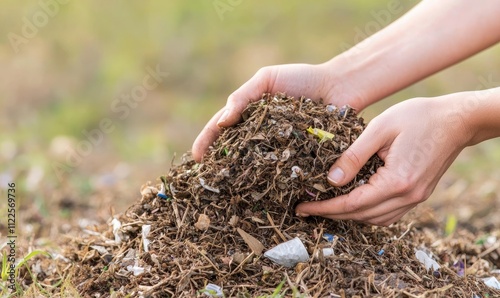 Hands holding rich, organic compost with bits of waste, symbolizing sustainable gardening and eco-friendly practices.