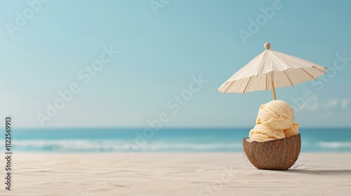 Wallpaper Mural Mango sorbet served in a coconut shell with a tropical umbrella, copy space Torontodigital.ca