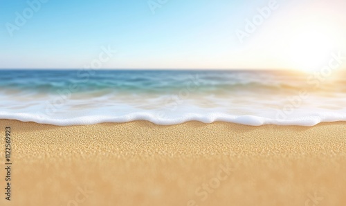 Tranquil beach scene showcasing golden sand, gentle waves, and a bright sunlit sky. Perfect for relaxation themes.