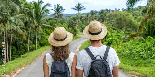 Two travelers explore a scenic tropical road, surrounded by lush greenery and tall palm trees.
