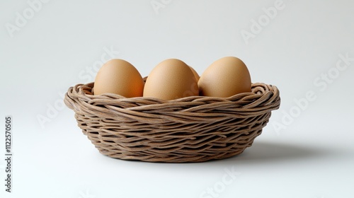 Wallpaper Mural Three brown eggs in a small wicker basket on white background. Torontodigital.ca