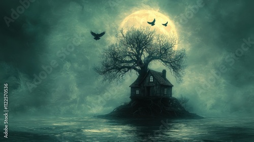 Eerie, atmospheric image of a solitary house on an island under a full moon, with crows flying overhead.  Perfect for Halloween or gothic themes. photo