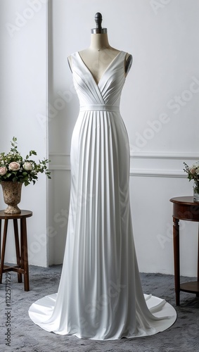 Floor length satin dress classic V neckline with a pleated train white background 