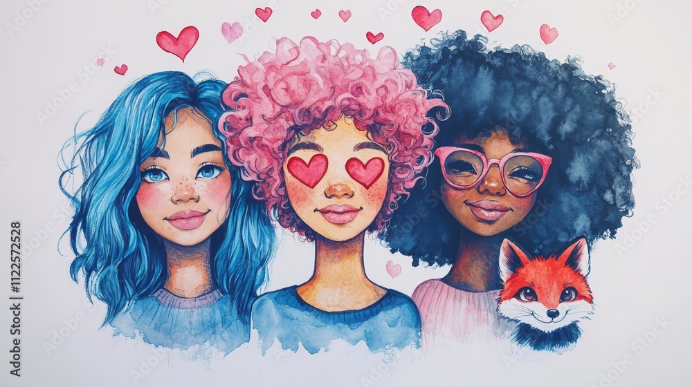 Obraz premium Watercolor Illustration of Three Diverse Friends Celebrating Friendship and Love with Heart Accents