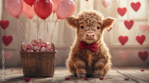 Valentine s Day Cutie. Adorable Baby Highland Cow with Heart Basket, Balloons and Romantic Decor. photo