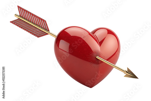 A glossy red heart pierced by a golden arrow with striped feathers, symbolizing love at first sight, isolated on a transparent background