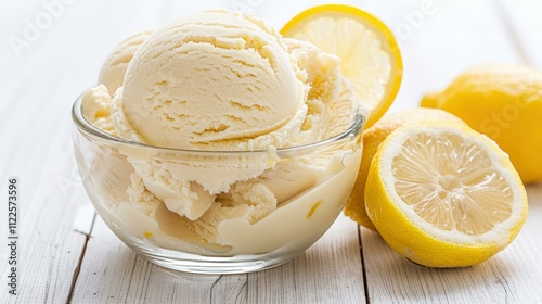 Lemon sorbet in a glass, garnished with lemon slices