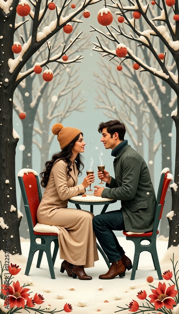 Obraz premium Couple enjoying warm drinks together at a snowy outdoor café in a romantic setting