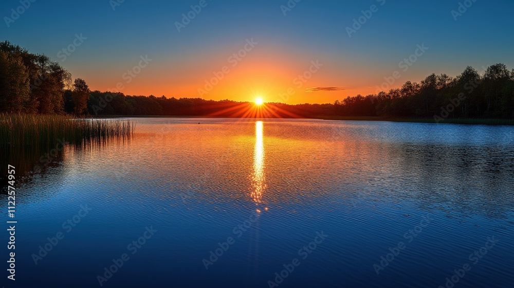 Fototapeta premium A serene sunset over a calm lake, reflecting vibrant colors on the water's surface.