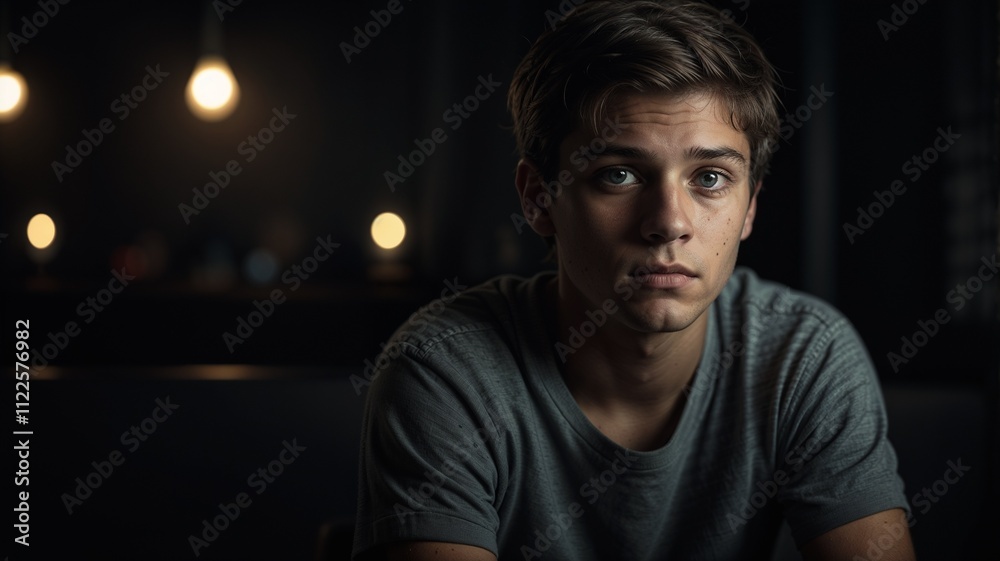 Obraz premium A boy sitting sadly with dark background